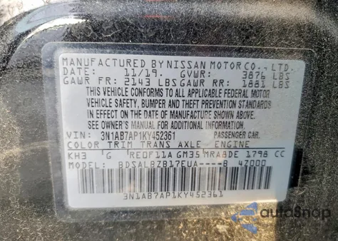 2019 Nissan Sentra S z USA, uszkodzony, nr VIN 3N1AB7AP1KY452361